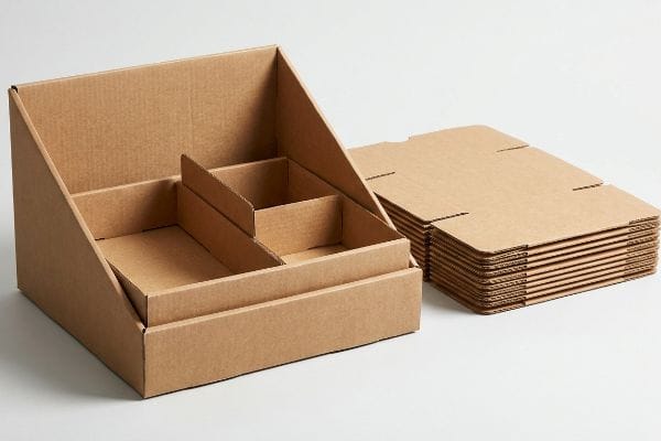 Brown corrugated cardboard retail display box with internal divider trays and a stack of flat-packed components.