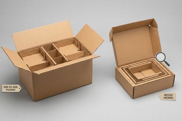 Brown corrugated cardboard boxes demonstrate Side-by-Side Packing with internal dividers and Nested Packing for volumetric reduction.