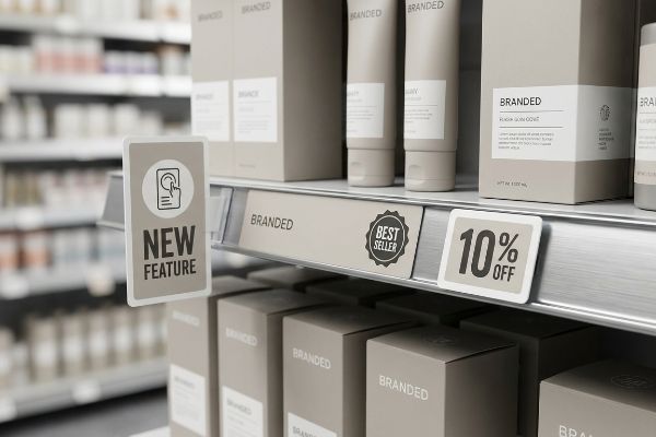 Retail shelf showcasing 'Branded' products with a 'New Feature' shelf talker, a 'Best Seller' badge, and a '10% Off' discount sign.