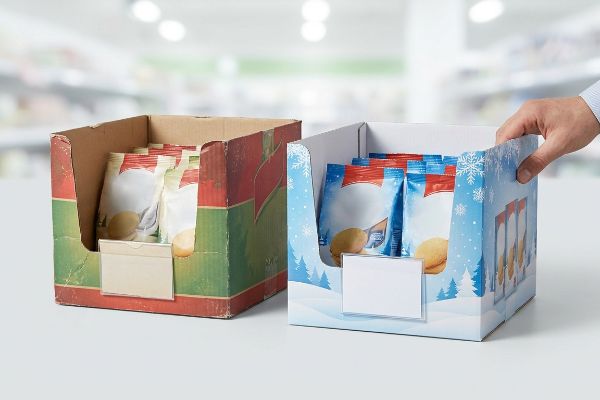 A hand places a new blue winter POP display next to a worn red holiday cardboard merchandiser, holding snack bags.
