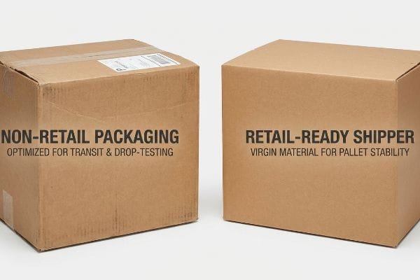 Brown corrugated boxes, one 'Non-Retail Packaging Optimized For Transit & Drop-Testing', the other 'Retail-Ready Shipper Virgin Material For Pallet Stability'.