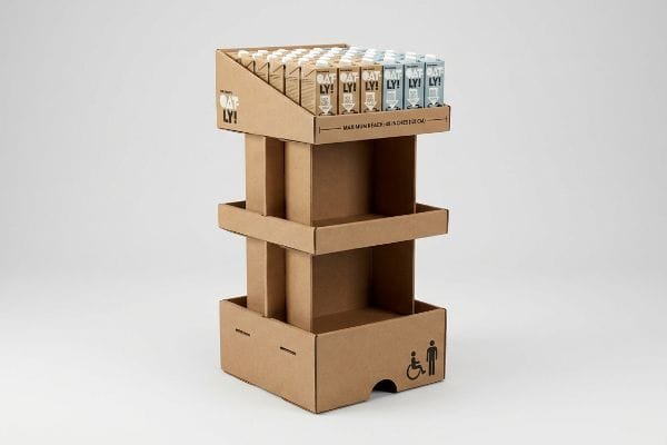 天然棕色瓦楞纸板展示架,内含 Oatly! 燕麦奶盒、两层空置层架和一个无障碍标志,标明“最大最小触及范围 - 48 英寸(121 厘米)”,符合 ADA 标准。.