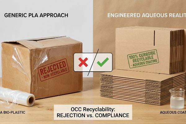 PLA bio-plastic box 'Rejected Non-Recyclable' versus 100% Curbside Recyclable Aqueous Coating boxes, demonstrating OCC recyclability compliance.