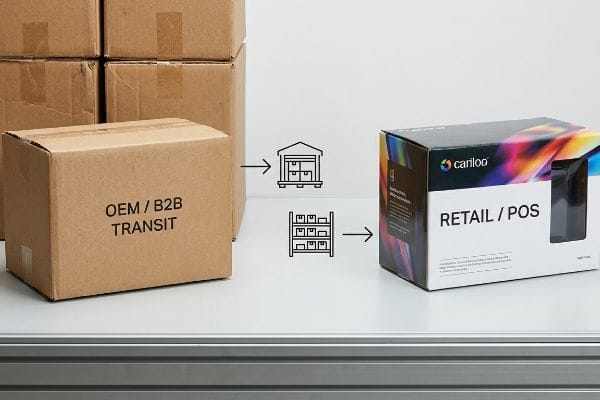 Brown corrugated Oem/B2b Transit packaging moving through warehouse icons to a vibrant Cariloo Retail/Pos box.