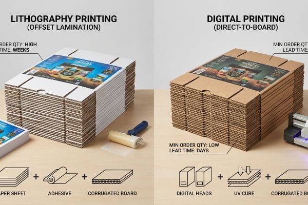 Comparing Lithography Printing (Offset Lamination) and Digital Printing (Direct-to-Board) for corrugated boxes, showing order quantity, lead time, and material components.