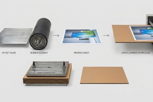 Offset Plate, Rubber Blanket, Printed Sheet, Litho-Lamination, and Dead-Weight Cure process.