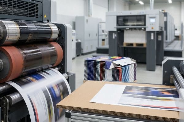 An offset printing machine produces colorful lithographic sheets for corrugated displays, with stacks of flat-packed boxes nearby.