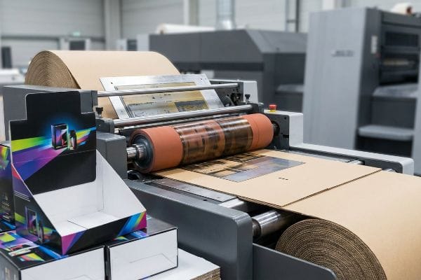 An industrial offset printing machine processes corrugated cardboard for retail displays, producing vibrant graphics on unassembled boxes.