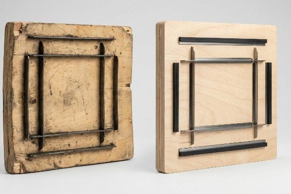 Two wooden steel rule cutting dies, one old and worn plywood with rusted blades, the other new and clean, showing tooling degradation.