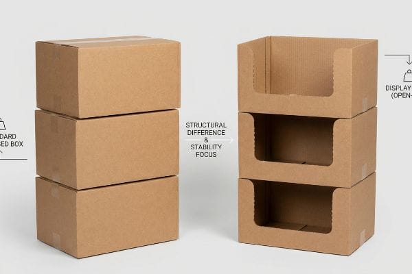 Brown corrugated boxes, standard enclosed versus open-top display-ready, illustrating Structural Difference & Stability Focus in packaging design.