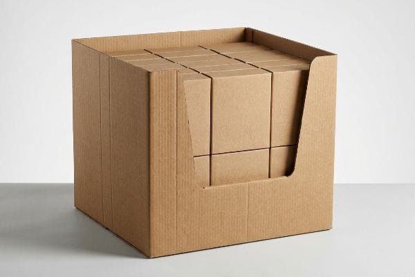 Brown corrugated open-top display bin, an HSC design, filled with smaller cardboard boxes for retail product access.