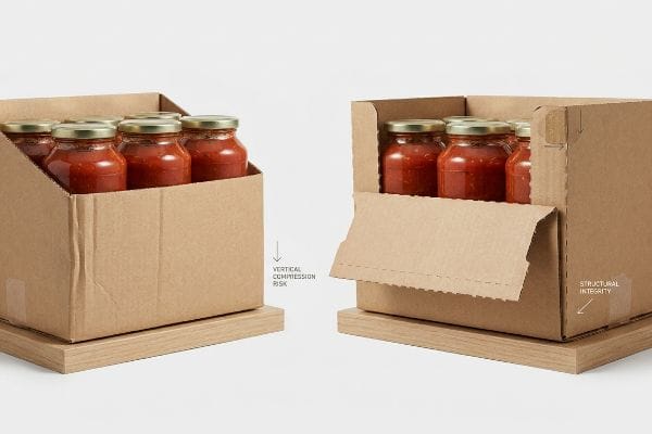 Brown corrugated cardboard boxes display six glass jars of pasta sauce, illustrating Vertical Compression Risk in an open-top HSC versus improved Structural Integrity with a partially closed flap.