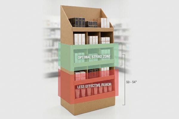 Corrugated cardboard retail display highlighting Optimal Strike Zone (50-54 inches) in green, and Less Effective Reach in red, with cosmetic products.