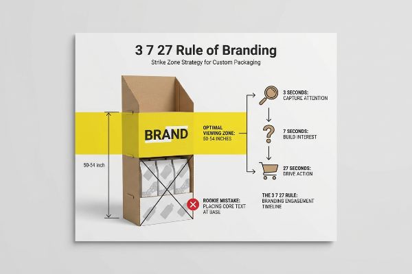 A diagram illustrates the 3 7 27 Rule of Branding, detailing the optimal viewing zone of 50-54 inches for 'Brand' text on custom packaging displays, contrasting with the rookie mistake of placing core text at the base.