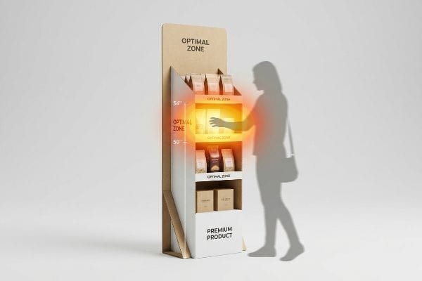 Cardboard floor display highlighting the Optimal Zone for product placement between 50-54 inches, demonstrating human height heat map.