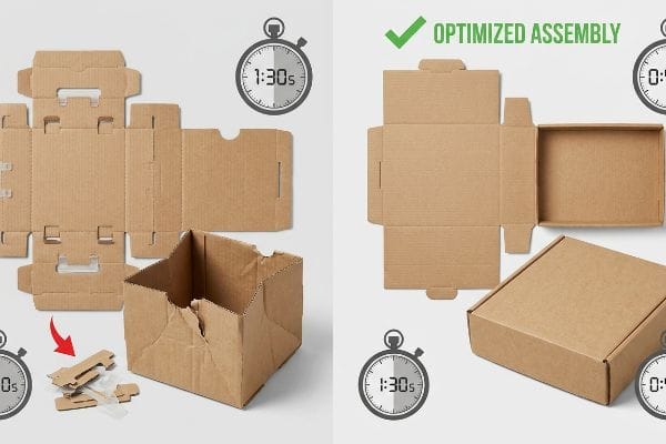 Brown corrugated cardboard dielines illustrate complex 1:30s assembly with torn tabs versus Optimized Assembly at 0:45s for efficient co-packing.