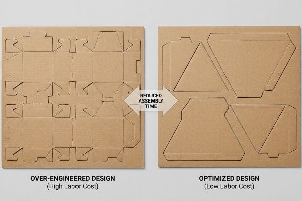 Brown corrugated sheets compare an Over-Engineered Design (High Labor Cost) to an Optimized Design (Low Labor Cost), highlighting Reduced Assembly Time.