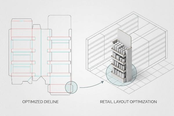A detailed technical illustration shows an Optimized Dieline blueprint next to a 3D retail store layout with a product merchandiser, highlighting Retail Layout Optimization for improved product visibility.