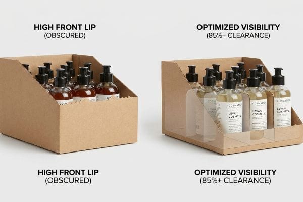 Kraft cardboard display trays demonstrate the 'Lip Height Visibility Rule', contrasting a high front lip obscuring Levan Cosmetic bottles with an optimized low lip ensuring 85% product visibility.