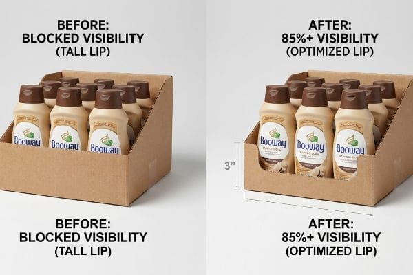 Corrugated cardboard display comparing Booway bottles with a Tall Lip blocking visibility versus an Optimized Lip providing 85% Product Visibility.