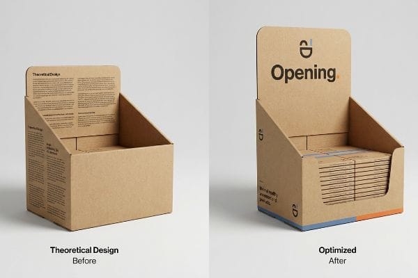 Corrugated cardboard display units: 'Theoretical Design Before' with text, 'Optimized After' branded 'Opening' with stacked products, blue and orange base.