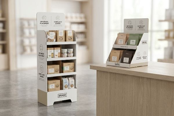 小売店内の白い波型床置き型陳列棚と段状のカウンターディスプレイユニット。商品と「最適化された配置」「準拠したデザイン」「ブランド」という文字が表示されている。.