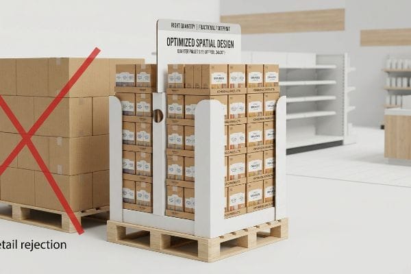 White quarter pallet display with Optimized Spatial Design (24x20 inches) next to a rejected full pallet, showcasing fractional footprint to prevent retail rejection.