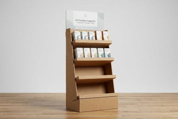 Brown corrugated cardboard multi-shelf POP display with products on top, featuring an 