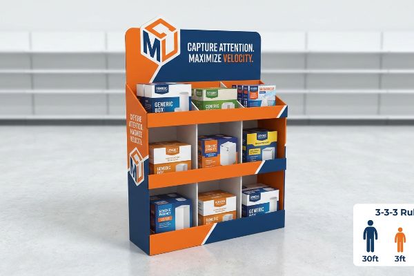 Orange and blue corrugated retail display with MLU logo, featuring 'Capture Attention. Maximize Velocity.' and the 3-3-3 Rule.