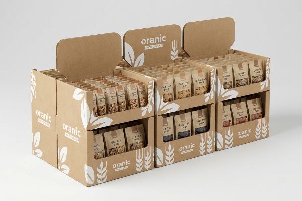 Three Oranic food product displays made of corrugated cardboard, filled with individual packs of granola bars, dried fruit, and nuts.