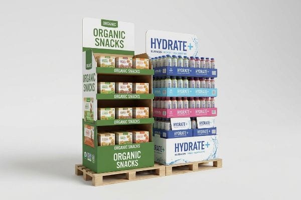 Green corrugated floor fixture for Organic Snacks and a Hydrate+ beverage display, both as fractional pallet units on wooden pallets.
