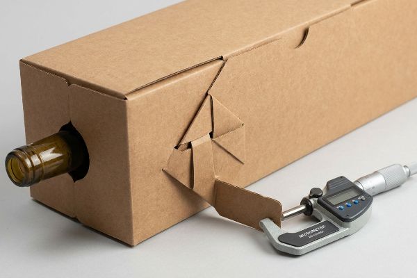 Brown corrugated cardboard packaging with an origami-style paper lock, measured by a digital Micrometer for precise caliper.