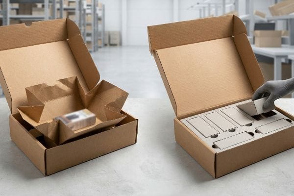 Brown corrugated custom packaging boxes, one with complex origami-style insert, the other with efficient modular pre-glued tray.