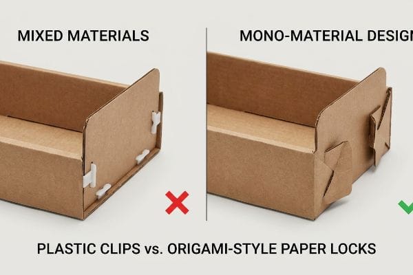 Corrugated board trays comparing Mixed Materials with plastic clips versus Mono-Material Design with origami-style paper locks for sustainable packaging.