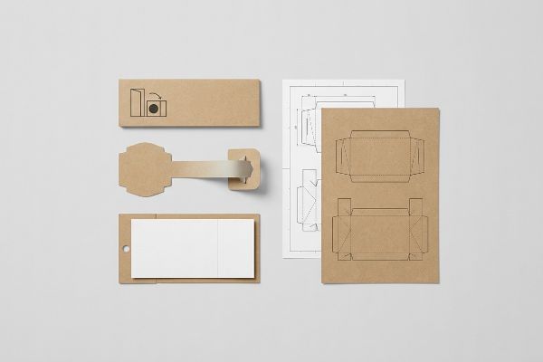 Kraft paper shelf talker components, including an origami-style tension-fit wobbler, a coupon tear-pad, and packaging dielines.