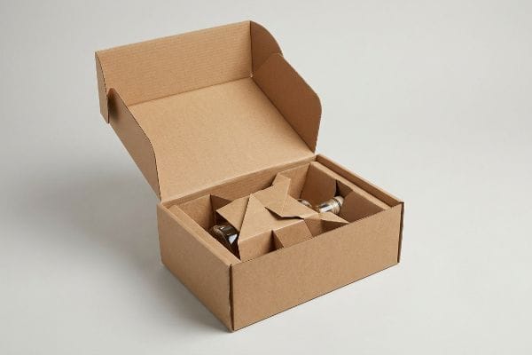 Brown corrugated gift box with origami-style mono-material inserts securing two glass bottles, ideal for sustainable packaging.