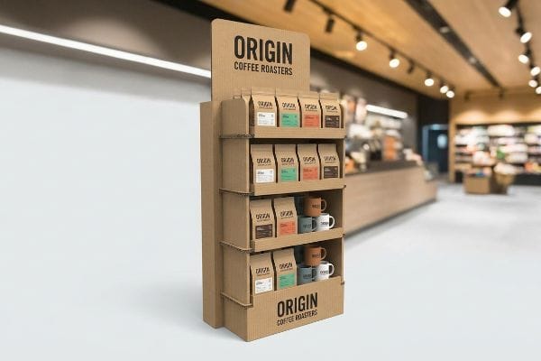 A retail store features a corrugated cardboard Origin Coffee Roasters POP display, showcasing coffee bags and mugs.