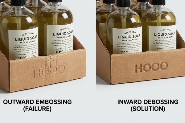 Corrugated PDQ tray with an outward embossed 'HOOO' logo, showing visible stress and bowing on the front lip from the weight of heavy liquid soap bottles, indicating structural failure.