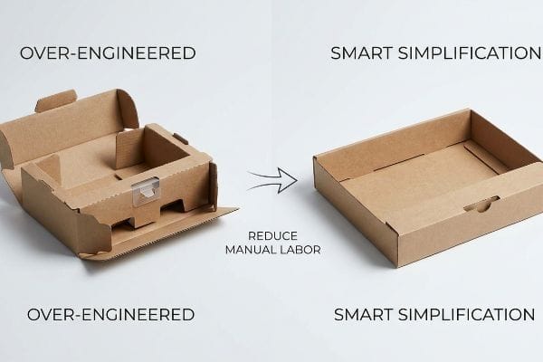 Brown corrugated cardboard boxes demonstrating Over-Engineered packaging versus Smart Simplification to Reduce Manual Labor.