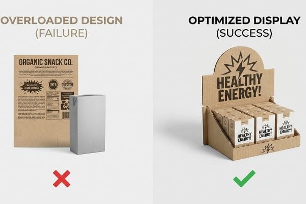 Corrugated cardboard display contrasts 'Overloaded Design' with 'Optimized Display' featuring 'Healthy Energy!' die-cut boxes.