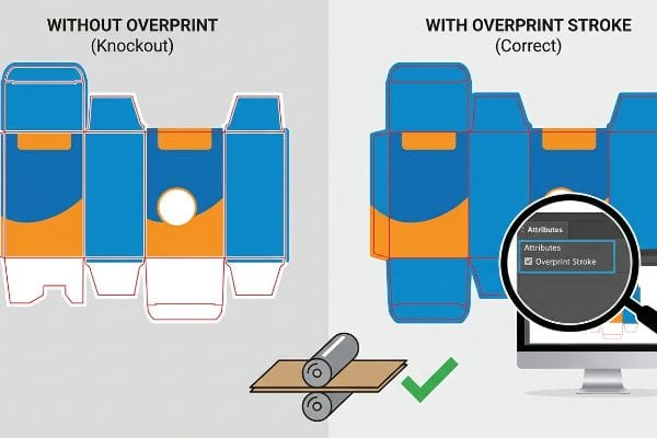 Dieline artwork comparison showing knockout without overprint versus correct overprint stroke for offset printing, highlighting the 'Overprint Stroke' attribute checkbox.