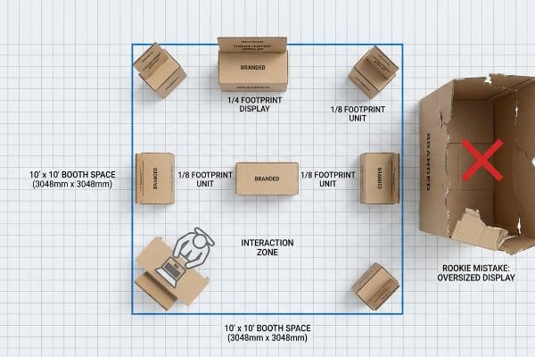 Branded 1/8 and 1/4 footprint cardboard displays optimize a 10' x 10' booth, showing an oversized display rookie mistake.