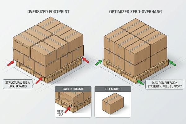 Oversized Master Carton footprint on pallet shows edge bowing and fiber tear, contrasted with optimized zero-overhang for ISTA secure full support.