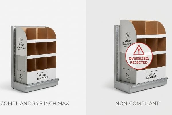 Comparing two Urban Essentials endcap displays, one compliant at 34.5 inch max and the other non-compliant with an 'Oversized: Rejected' warning.
