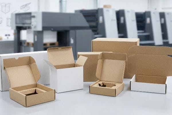 Various open and closed cardboard packaging boxes, including white and kraft, displayed on a table in a manufacturing facility.