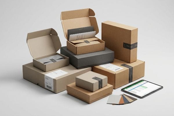 A collection of diverse packaging boxes, including open cardboard cartons with internal tissue and envelopes, alongside a tablet displaying a spreadsheet and material swatches, representing packaging procurement and logistics.