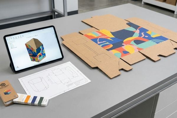 Custom packaging design with 3D CAD on tablet, blueprint, Smartpack color swatches, and colorful die-cut cardboard.