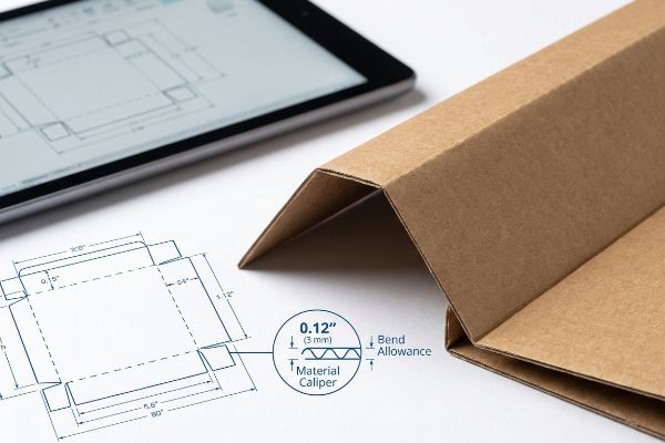 مخطط تفصيلي لقالب تغليف مع لوحة إلكترونية تعرض تصميمًا رقميًا، إلى جانب لوحة كرتونية بنية اللون مطوية. يُبرز جزء مُكبّر 0.12