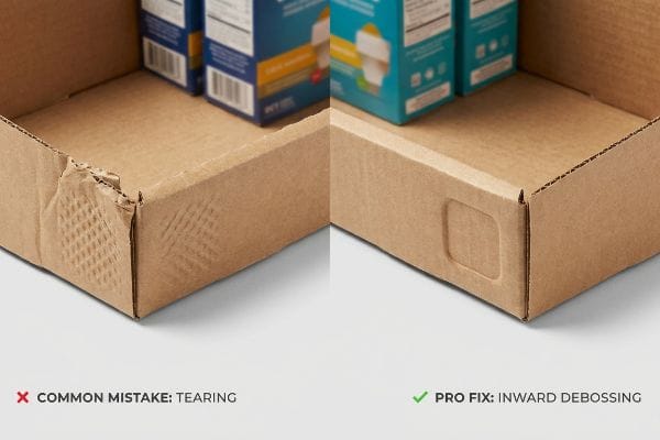 Cardboard tray corners: 'Common Mistake: Tearing' vs. 'Pro Fix: Inward Debossing' for packaging integrity.