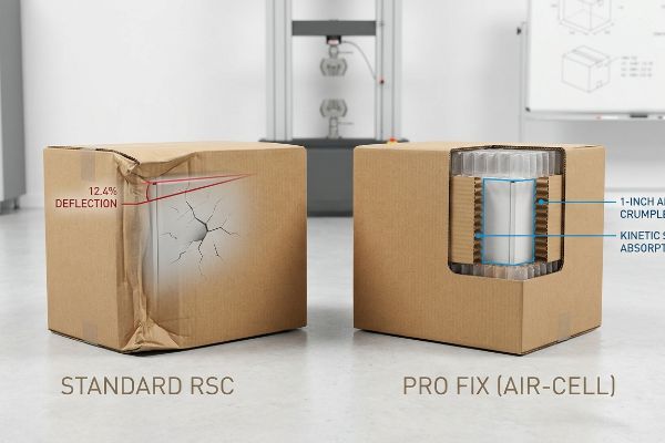 Standard Rsc box with 12.4% Deflection damage versus Pro Fix (Air-Cell) box with 1-Inch Air-Cell Crumple Zone.